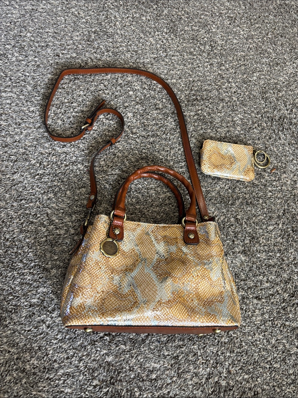 PATRICIA NASH Norcia Metallic Snakeskin Embossed Leather Satchel Bag w Zip Pouch